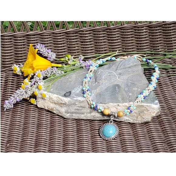 Hemp Necklace w/Turquoise Pendant and Blue Beads - Picture 1 of 8
